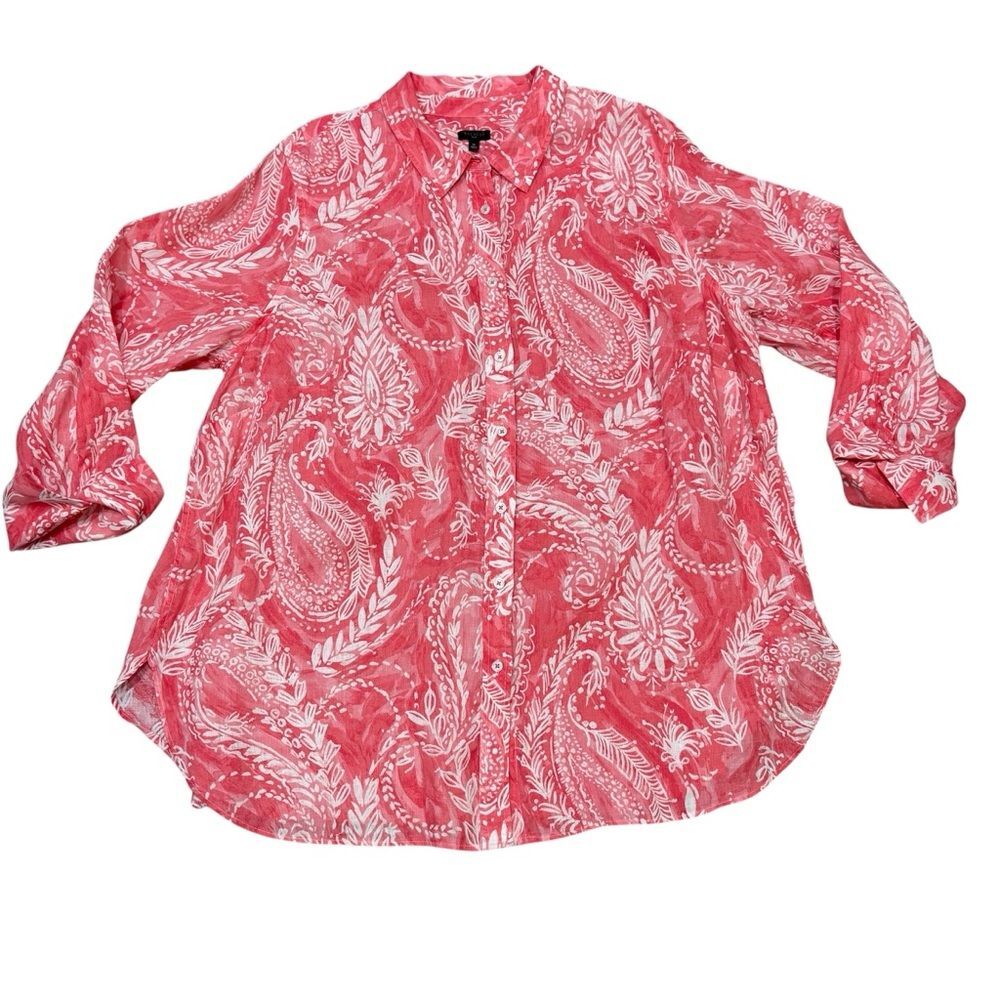 Talbots Coral Pink Paisley Linen Button Up Size 3X - Picture 4 of 9